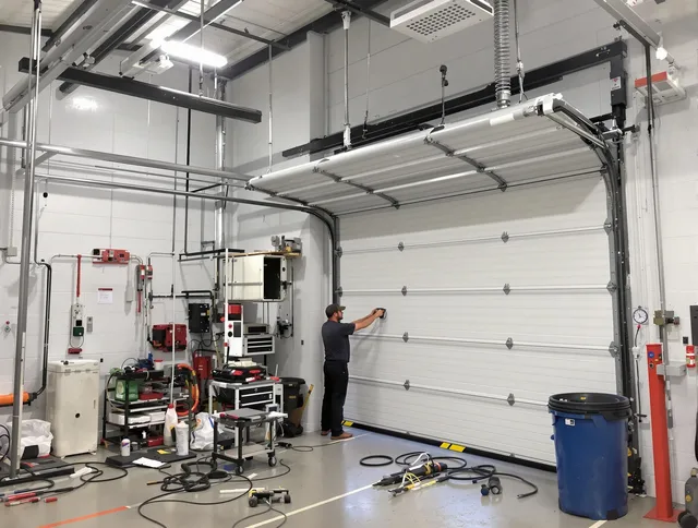 Tustin Garage Door Repair certified technician performing commercial door repair at a Tustin business facility