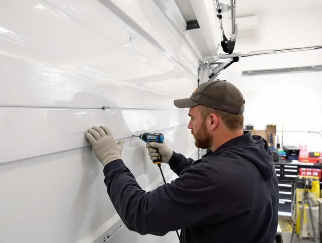 Tustin Garage Door Repair technician demonstrating precision dent removal techniques on a Tustin garage door