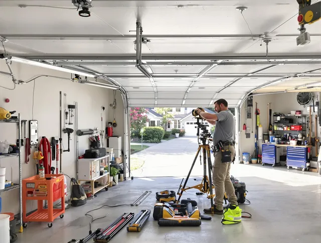 Tustin Garage Door Repair specialist performing laser-guided track alignment in Tustin
